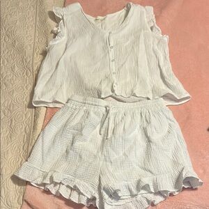 Women's White Linen Ruffled Shirt and Shorts Set